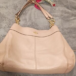 Coach Light Tan Leather Shoulder Bag with Gold Chains